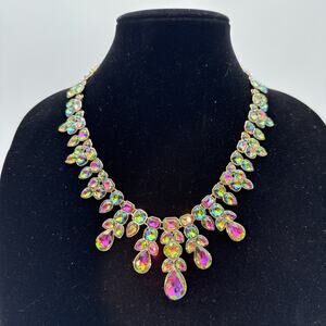 WATERMELON RAINBOW CRYSTAL RHINESTONE EARRINGS & BIB STATEMENT NECKLACE SET
